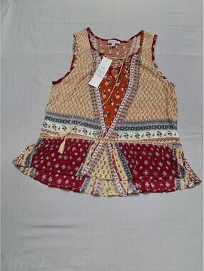Patrons of Peace Boho flowy geometric patchwork style tank top with tassels, NWT